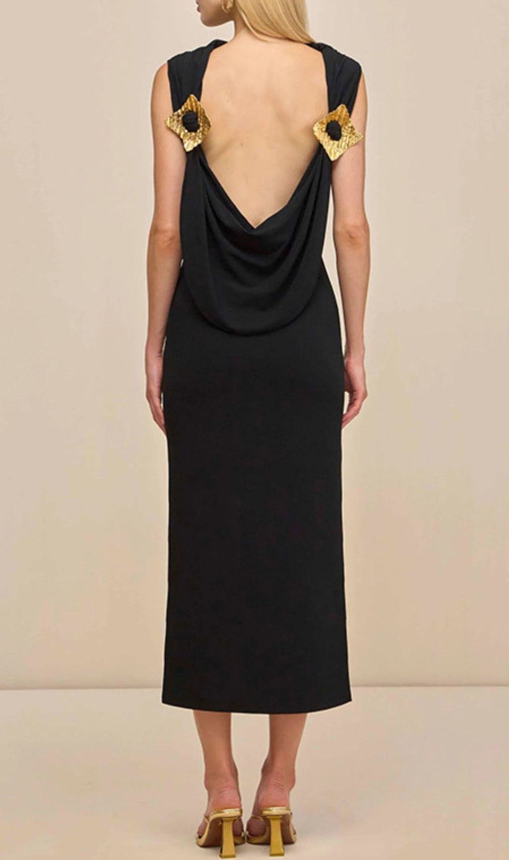 Ida Black Backless Midi Dress with Gold Embellishments - Elegant Evening & Cocktail Wear