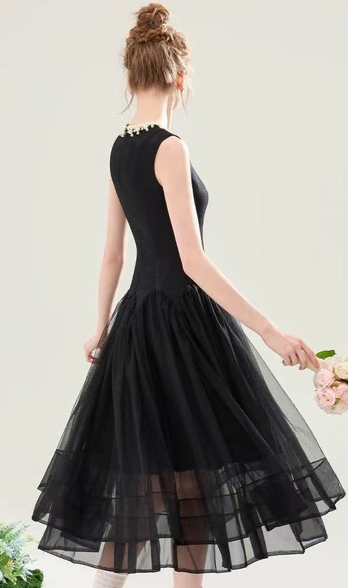 Sleeveless Midi Dress with Tulle Skirt and Pearl Embellished Collar - Black