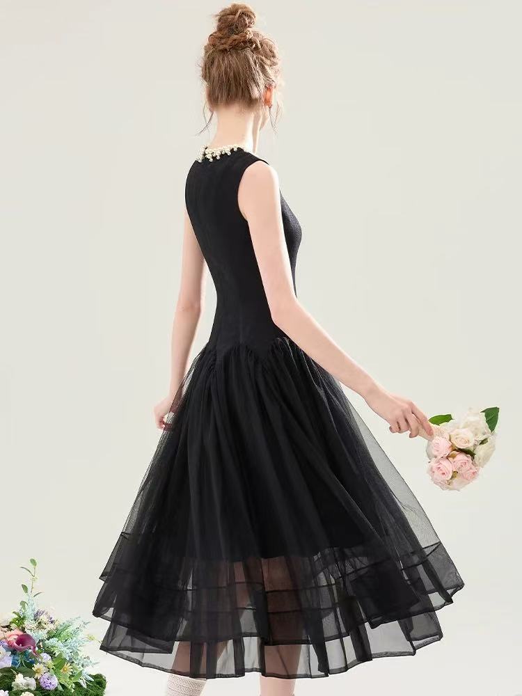 Sleeveless Midi Dress with Tulle Skirt and Pearl Embellished Collar - Black