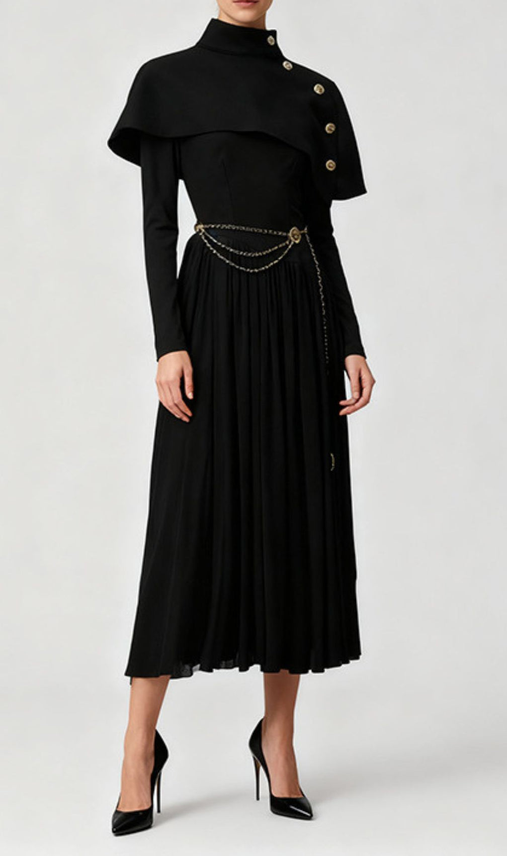 Jairo Black Asymmetrical Capelet Midi Dress - Elegant Long Sleeve Style