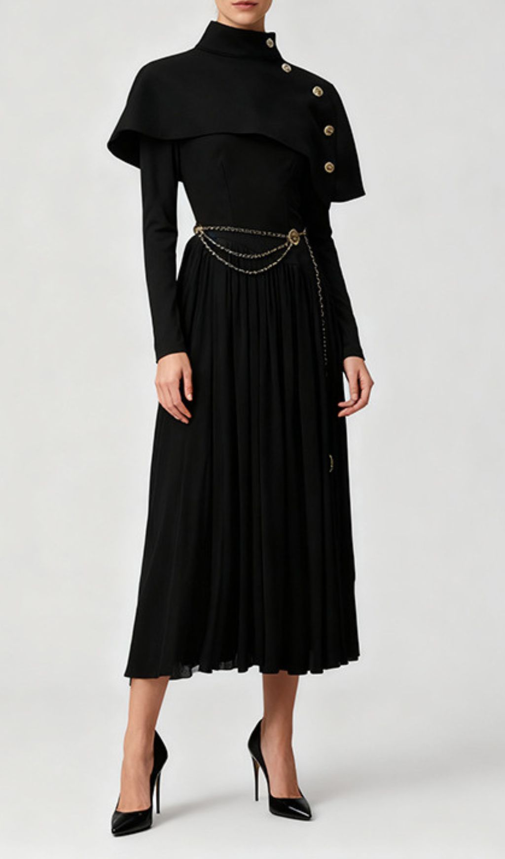 Jairo Black Asymmetrical Capelet Midi Dress - Elegant Long Sleeve Style