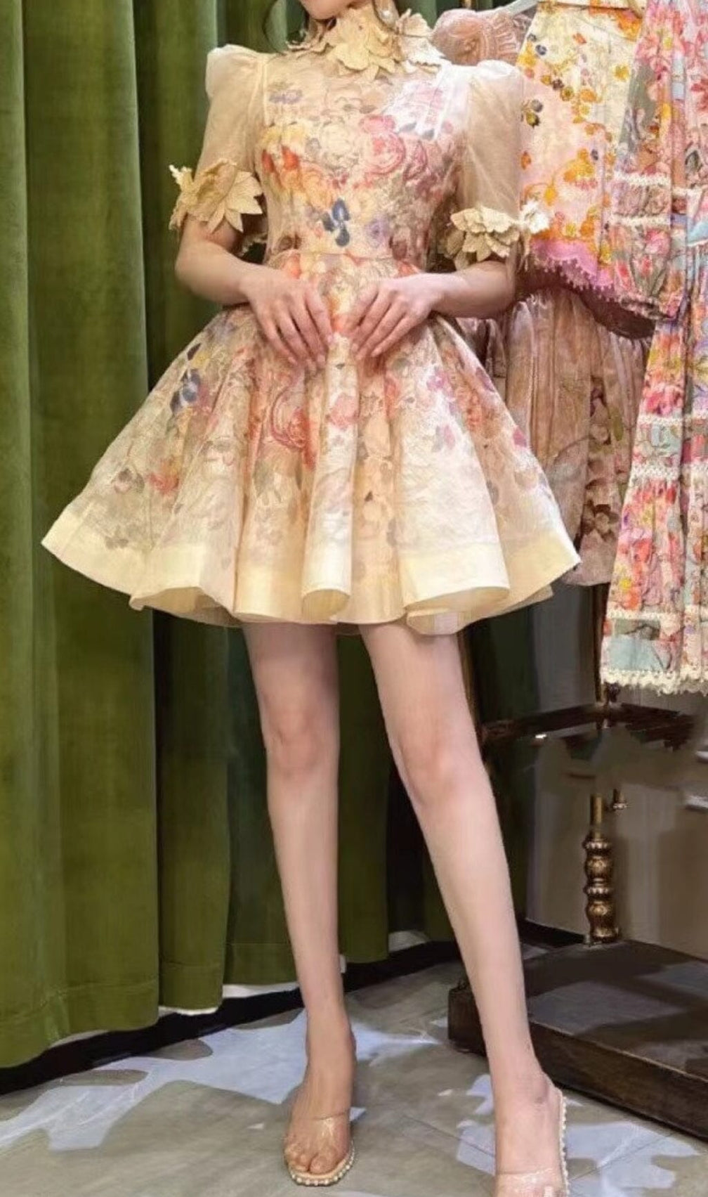 Beige Printed Flower Mini Dress