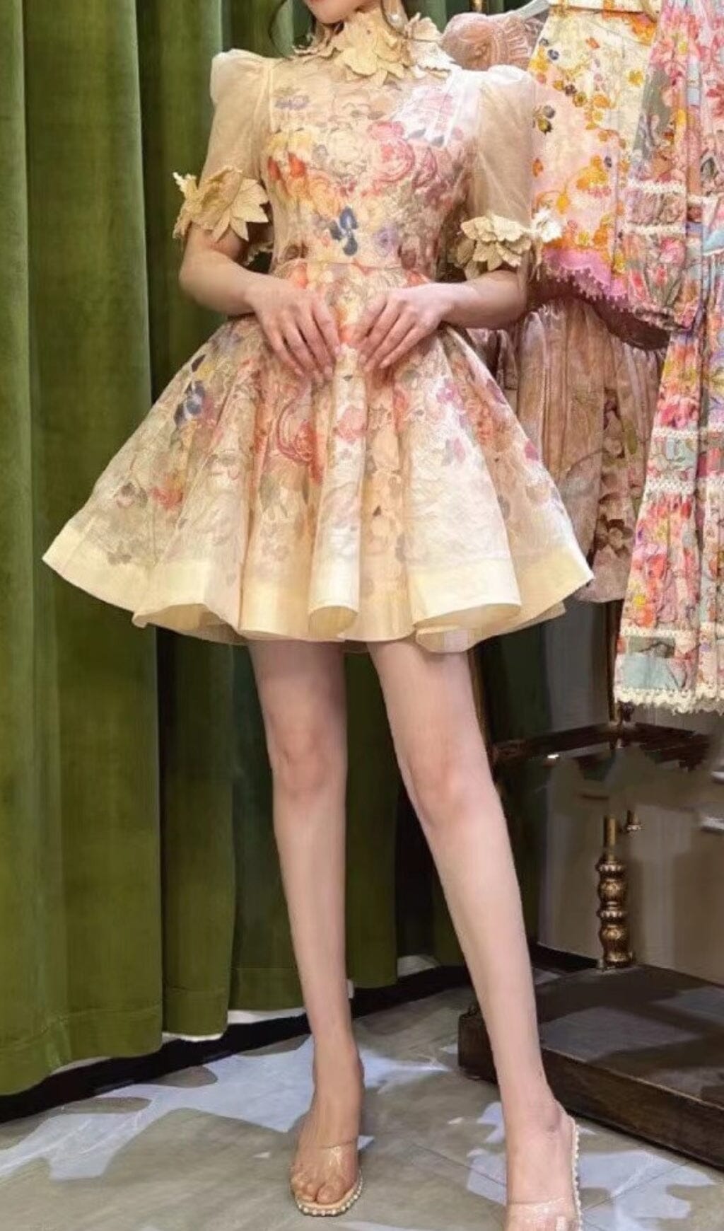 Beige Printed Flower Mini Dress