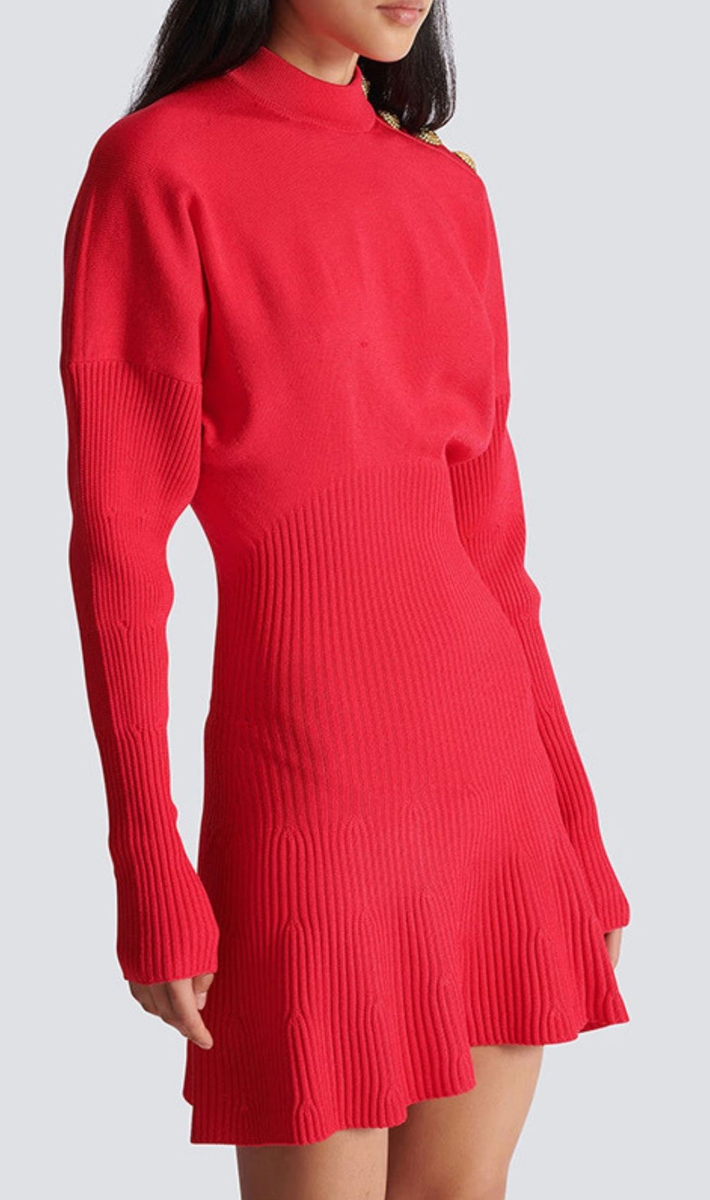 Kamryn Chic Red Ribbed Knit Mini Dress | Gold Button Long Sleeve