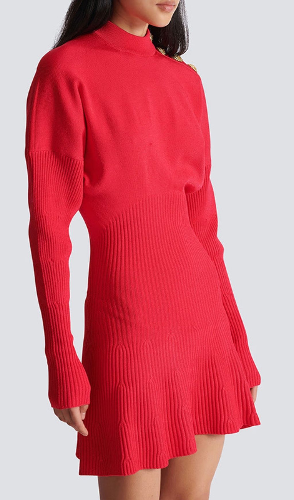 Kamryn Chic Red Ribbed Knit Mini Dress | Gold Button Long Sleeve