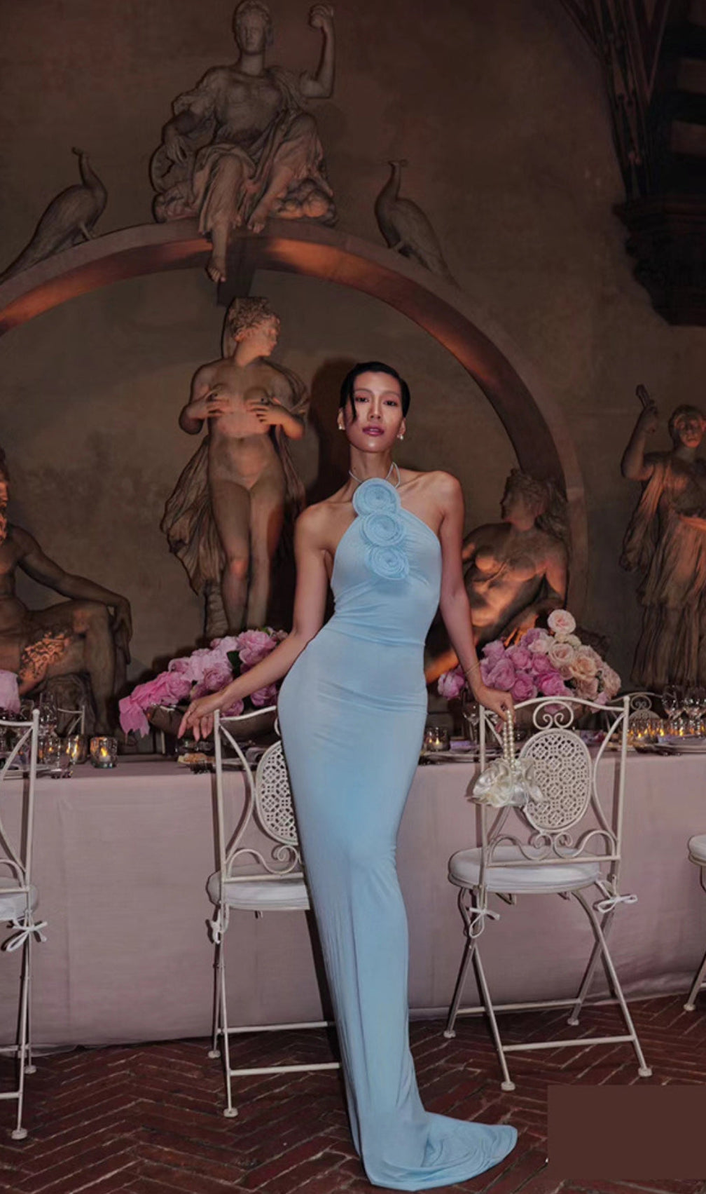 Neutrals Floral-Appliqué Strapless Gown Maxi Dress