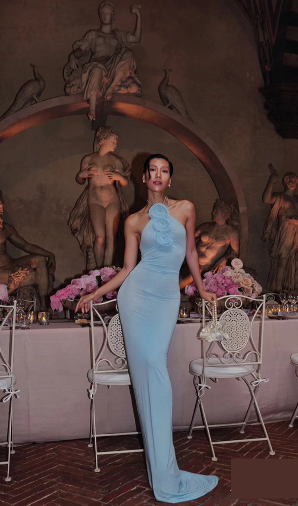 Neutrals Floral-Appliqué Strapless Gown Maxi Dress