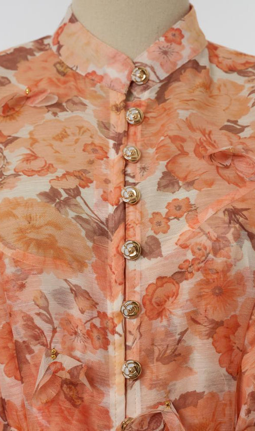 Karlishia Romantic Floral Puff-Sleeve Maxi Dress - Elegant Button-Down Gown