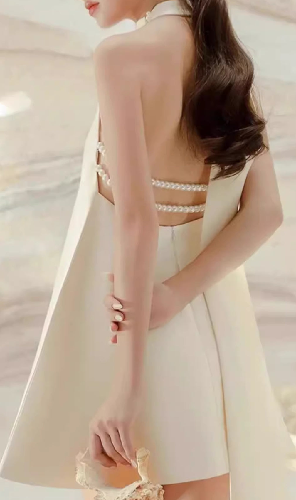 Elisa Halterneck Pearl Backless Mini Dress