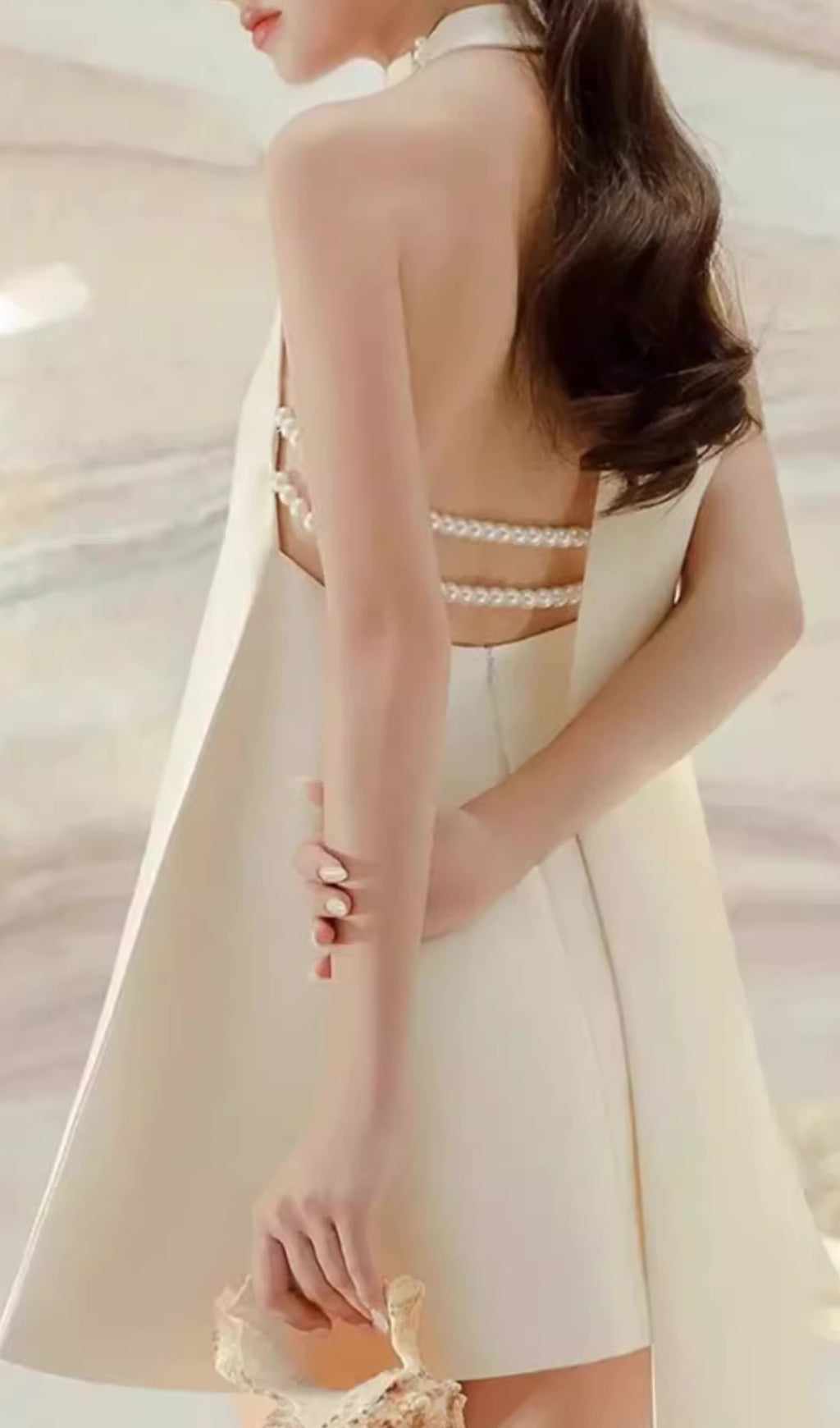Elisa Halterneck Pearl Backless Mini Dress
