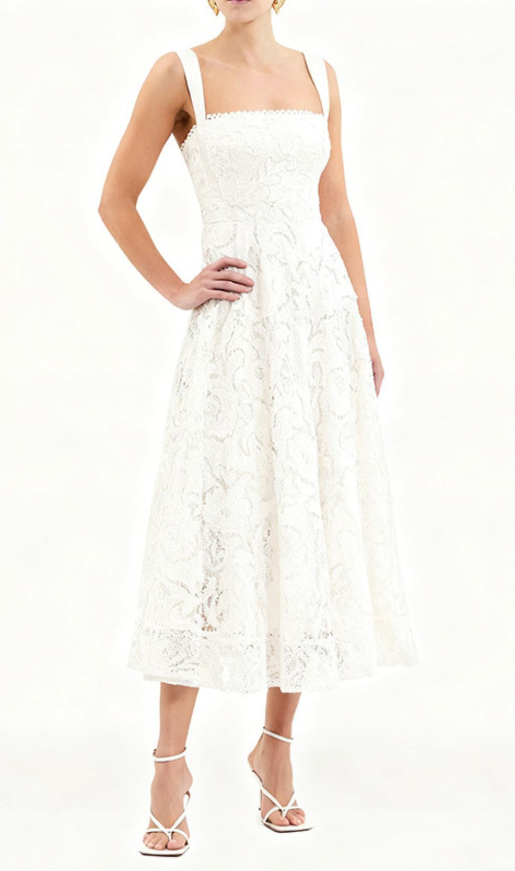 Jenelle Elegant White Floral Embroidered Midi Dress | Strappy Square Neck for Summer Events