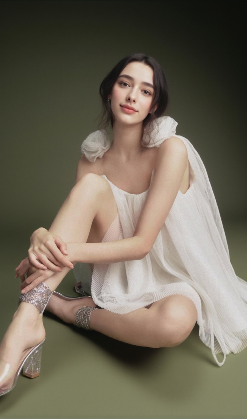 flower tulle strap mini dress in white