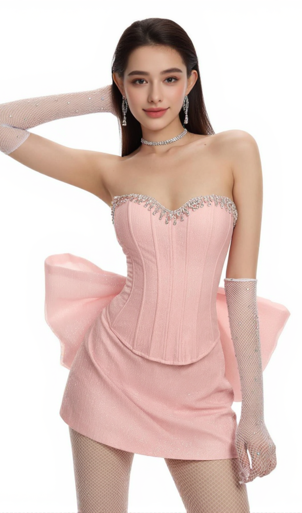 back bowknot embellished skirt suit in pink
