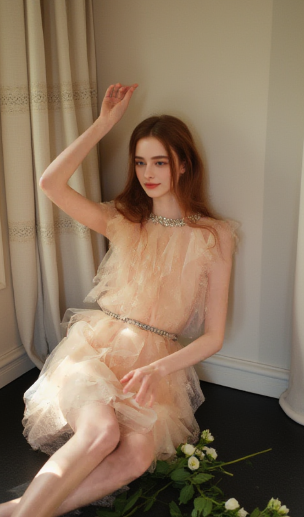 Crystal Embellished Ruffle mini Dress in pale pink