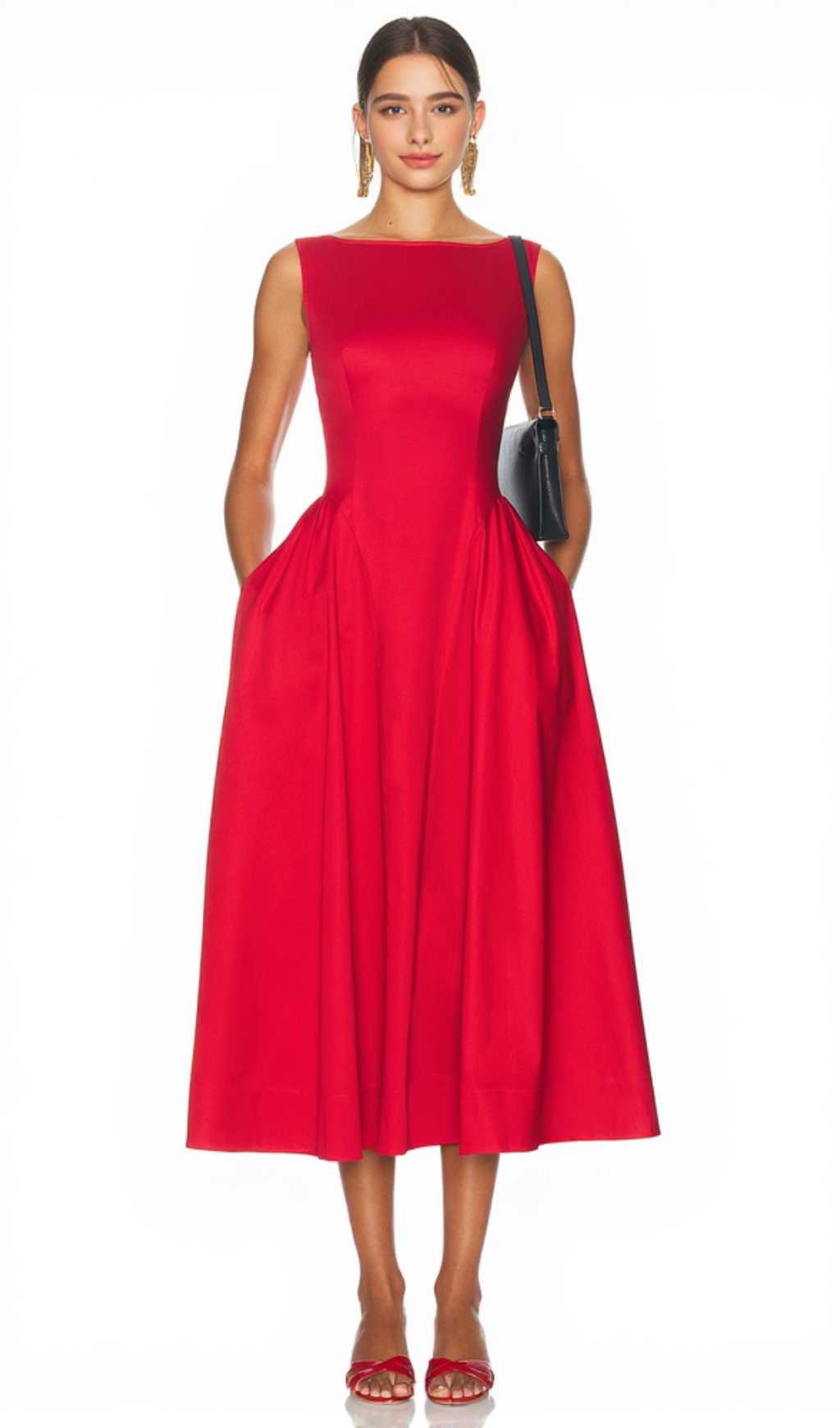 Stretch Cotton Sateen Midi Dress in red
