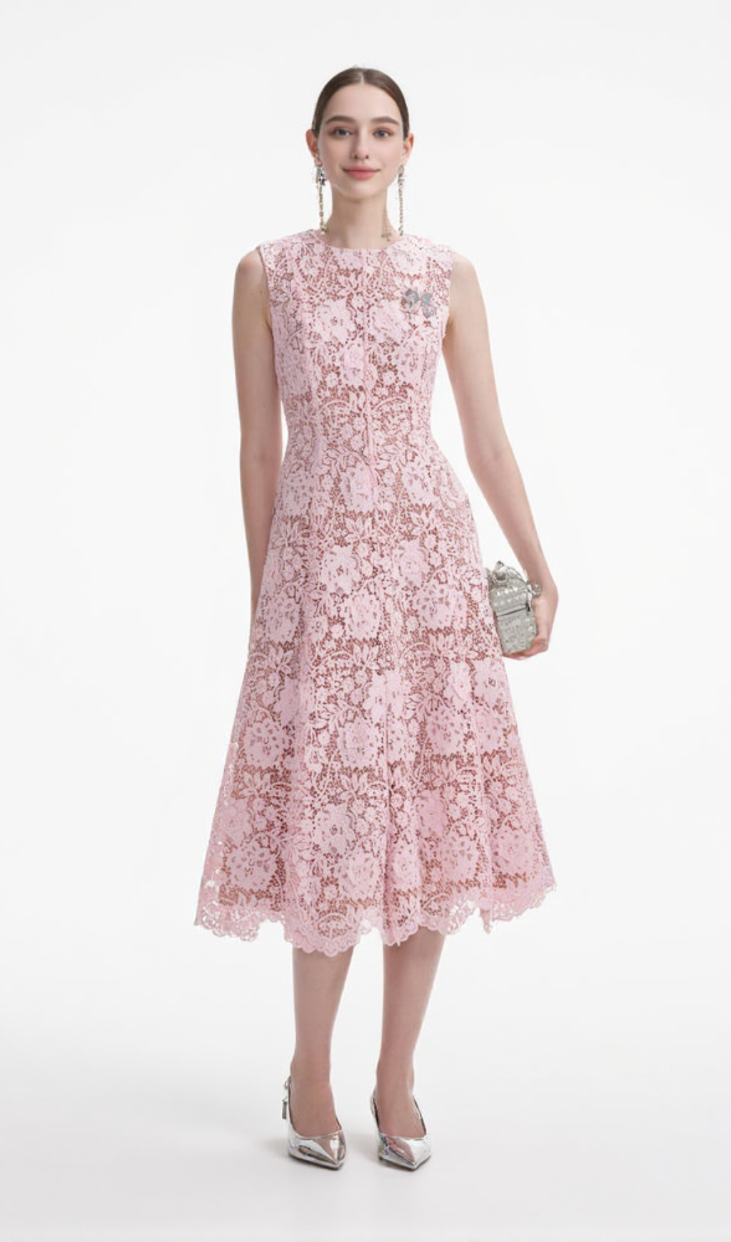 Sequin Floral Lace Midi Dress in pink