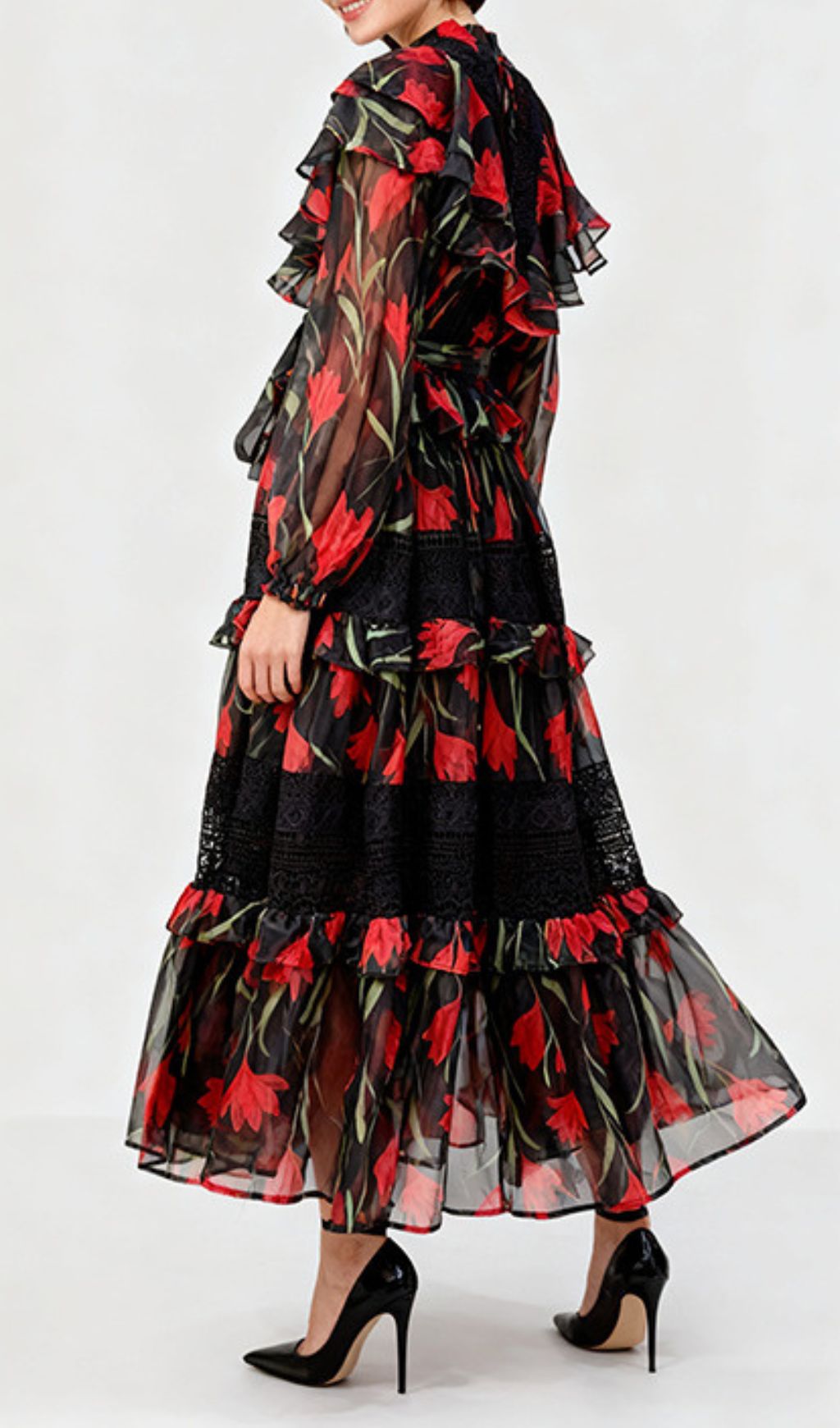 Imagine Romantic Red Floral Ruffle Long Sleeve Midi Dress