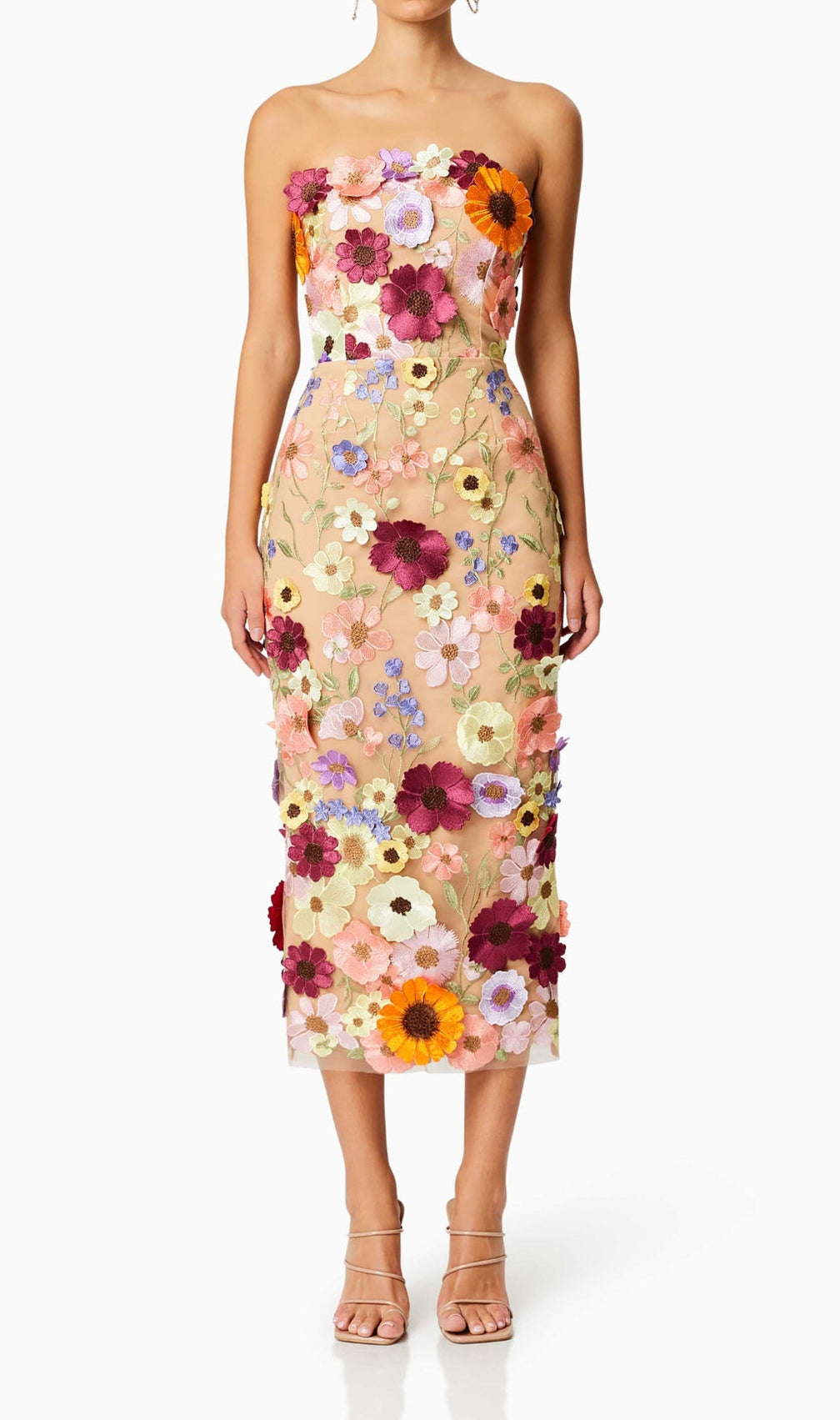 Adonica 3D Flower Strapless Midi Dress