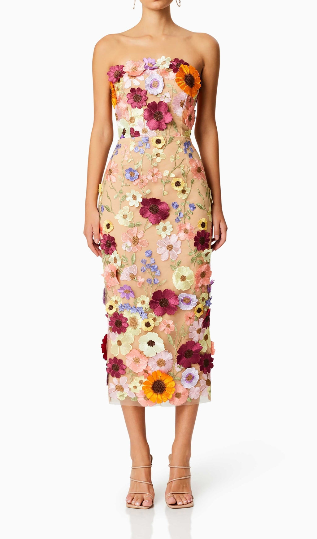 Adonica 3D Flower Strapless Midi Dress