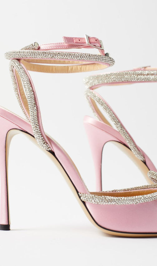 Bow Crystal Satin Heels In Blush