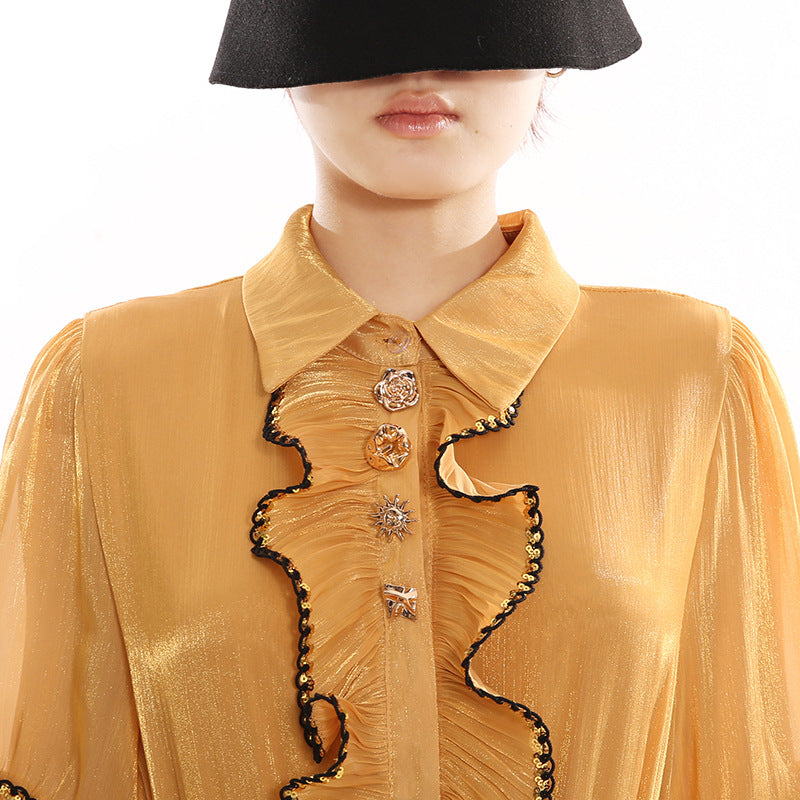 Jeseray Golden Yellow Pleated Maxi Dress | Elegant Long Sleeve Ruffle Gown for Women