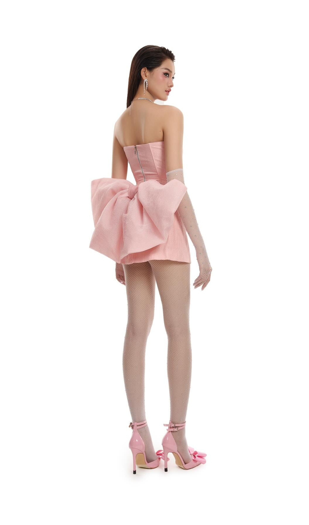 back bowknot embellished skirt suit in pink