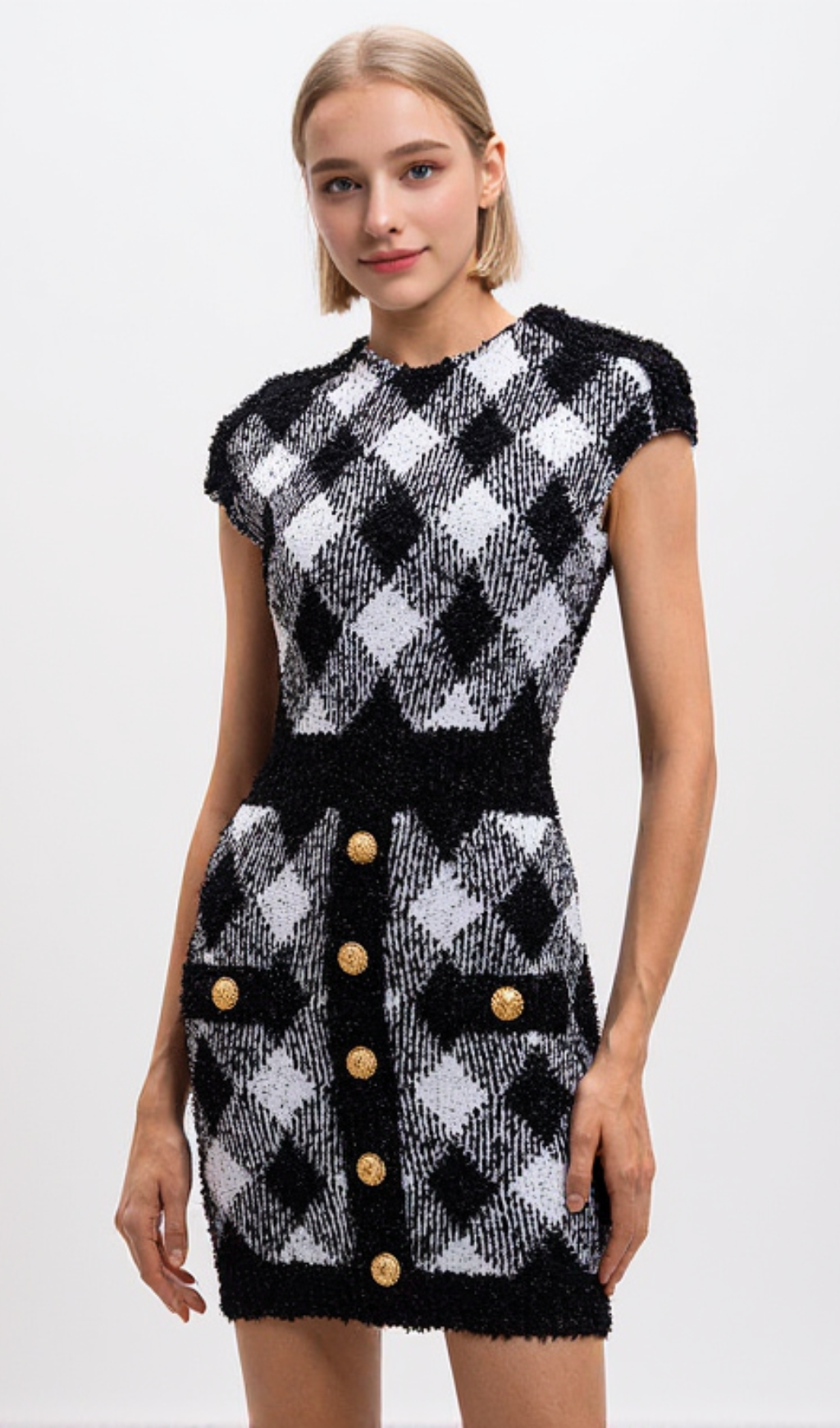 button-embellished plaid texture mini dress