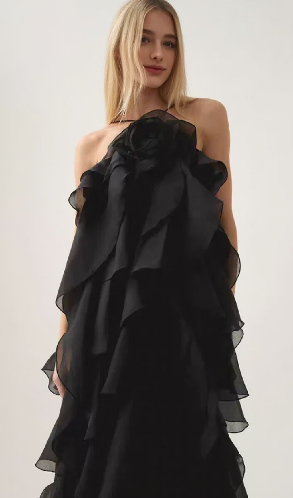 halterneck flounced maxi dress in black