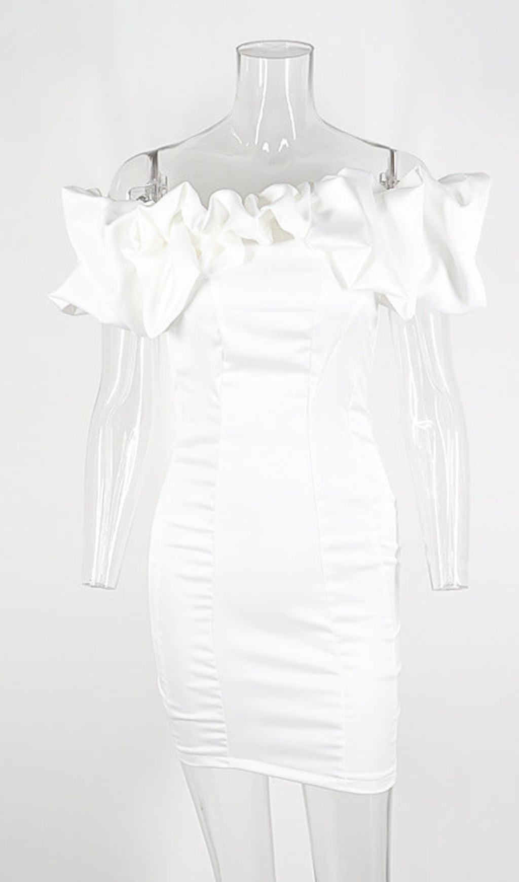SATIN RUFFLE STRAPLESS DRESS IN WHITE