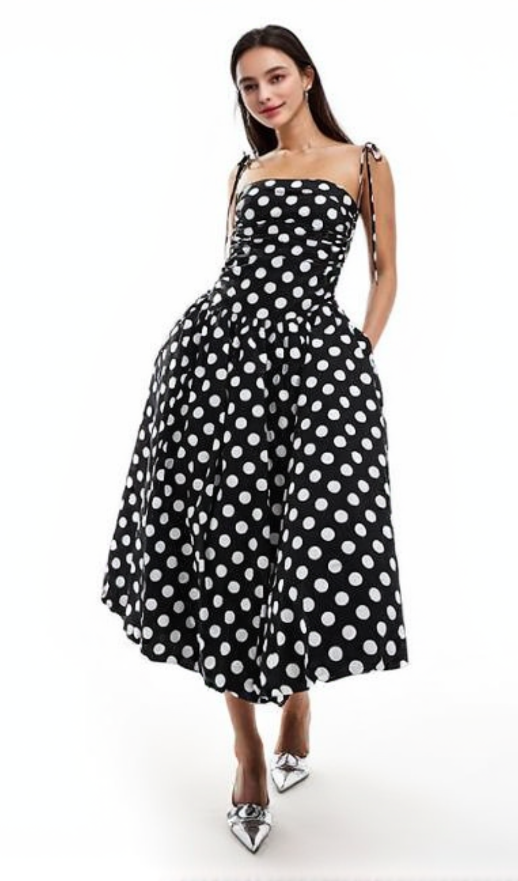 strap midi dress in mono polka dot