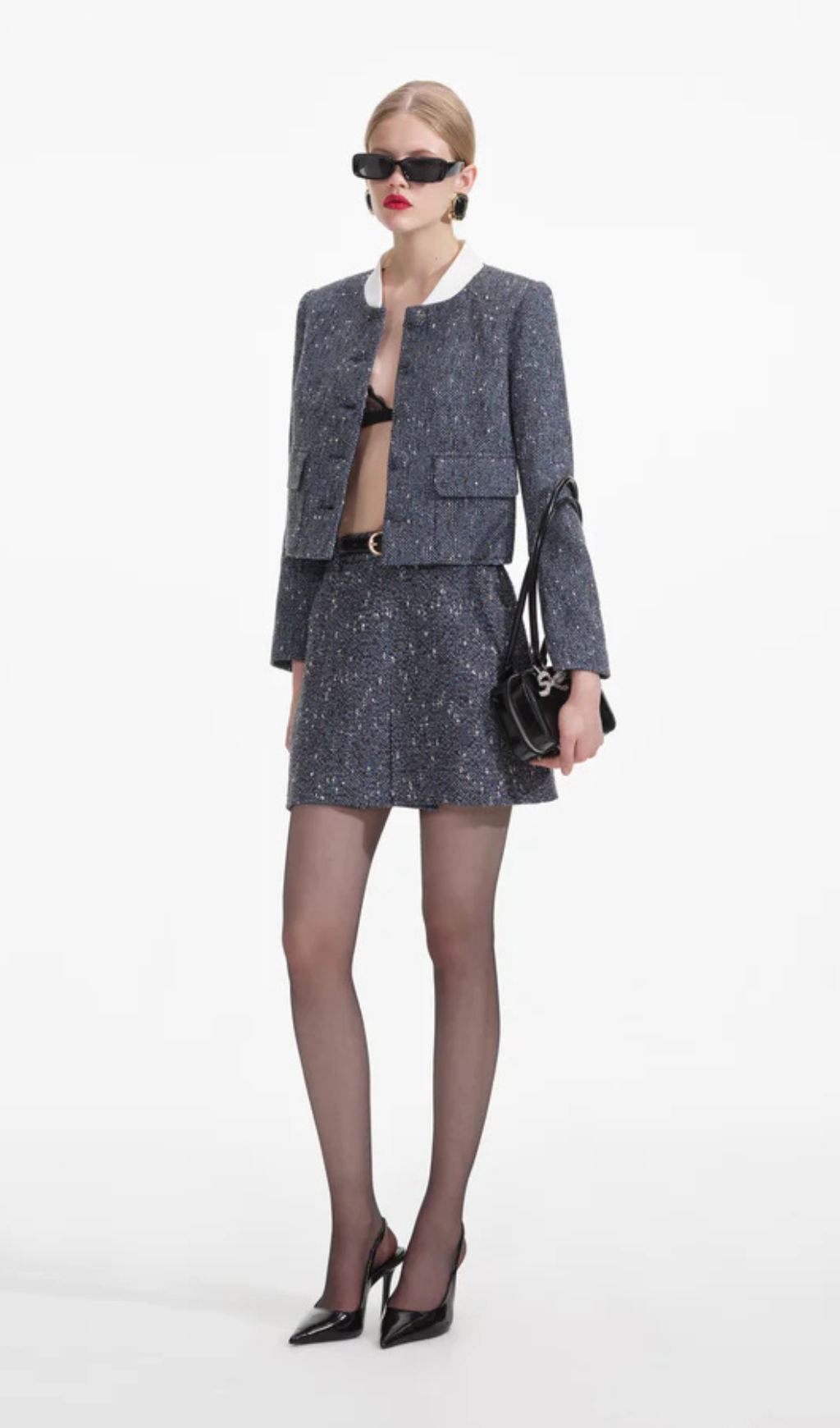 blue boucle mini skirt