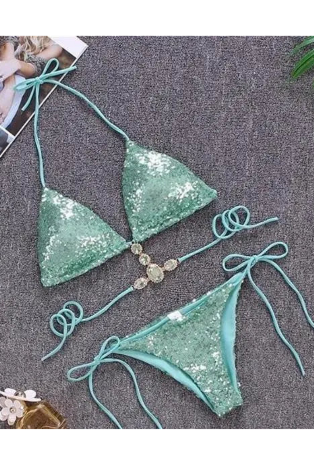 SEQUIN DIAMONATE BIKINI IN GREEN