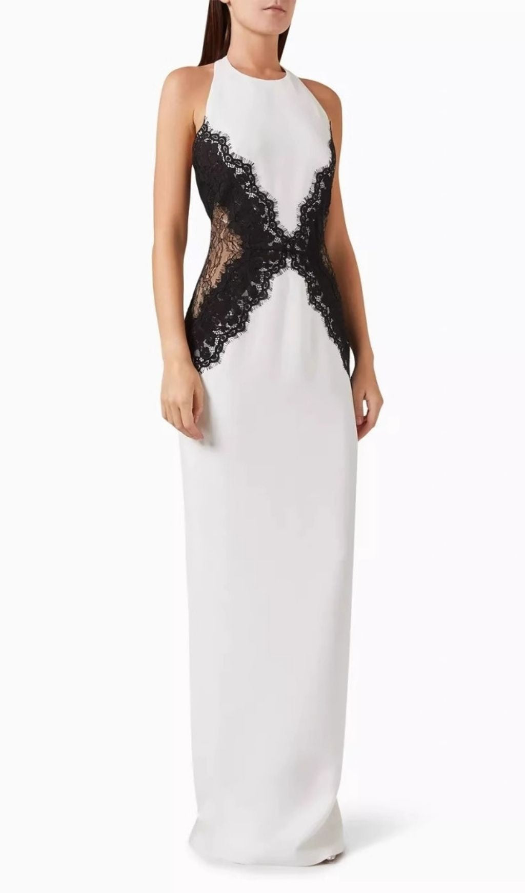 Kaylani Chic White Halter Maxi Dress with Black Lace Inset