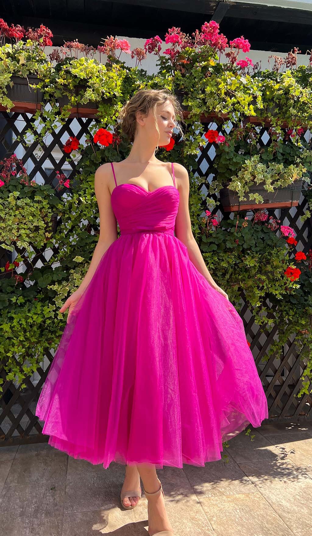 Pleats Spaghetti Straps Midi Dress In Hot Pink