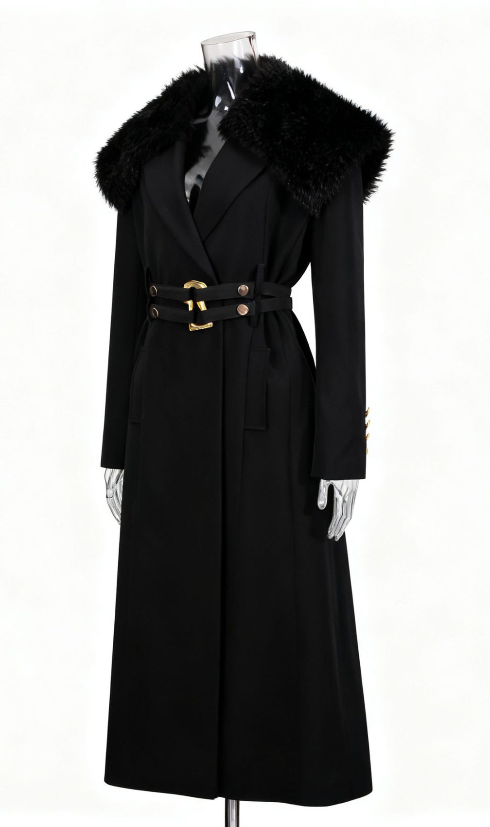 Ismail Luxe Black Fur Collar Coat: Elegant Winter Warmth with Gold Belt Detail