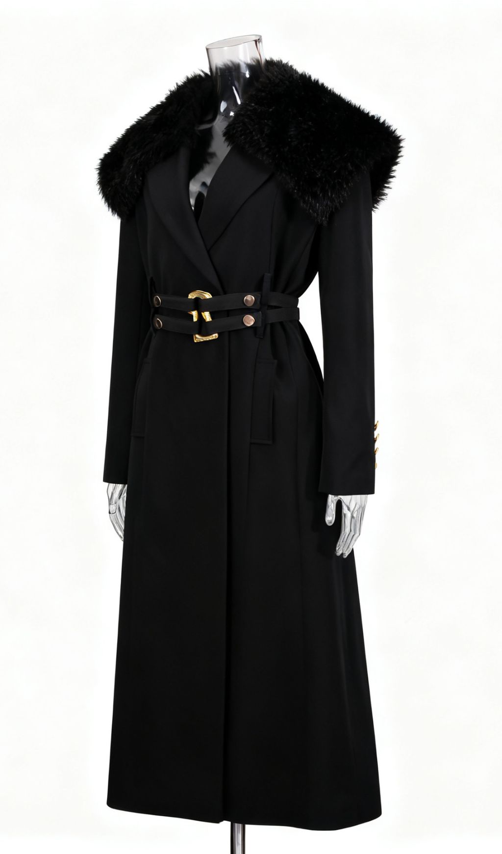 Ismail Luxe Black Fur Collar Coat: Elegant Winter Warmth with Gold Belt Detail