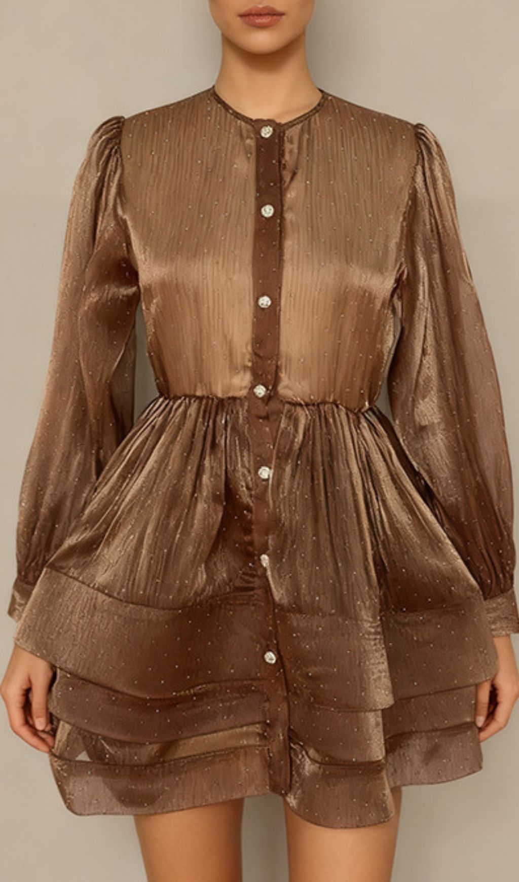 Jezebel Shimmer Tiered Mini Dress with Puff Sleeves