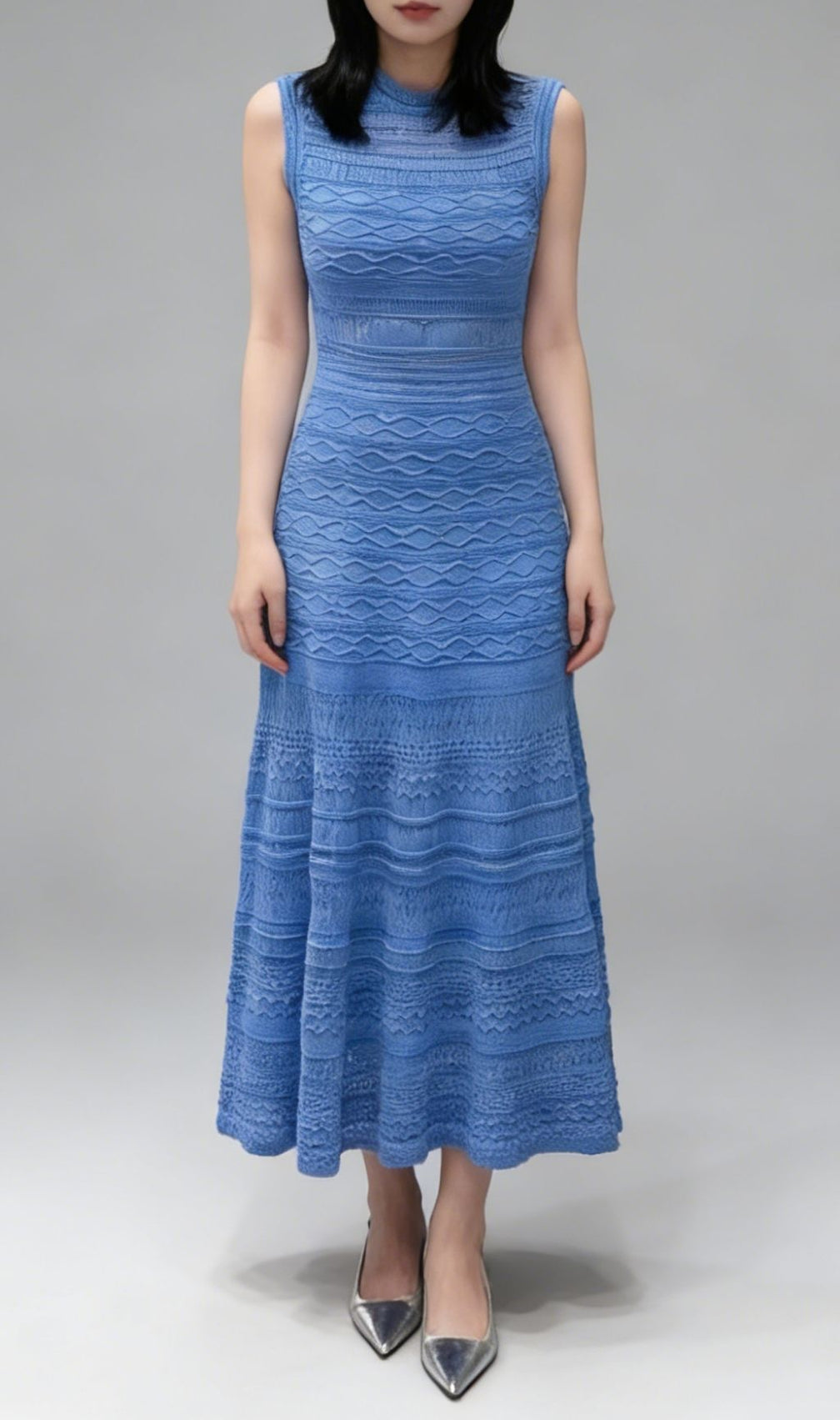 Karinna Blue Knit Midi Dress | Elegant Sleeveless Mock Neck for Women