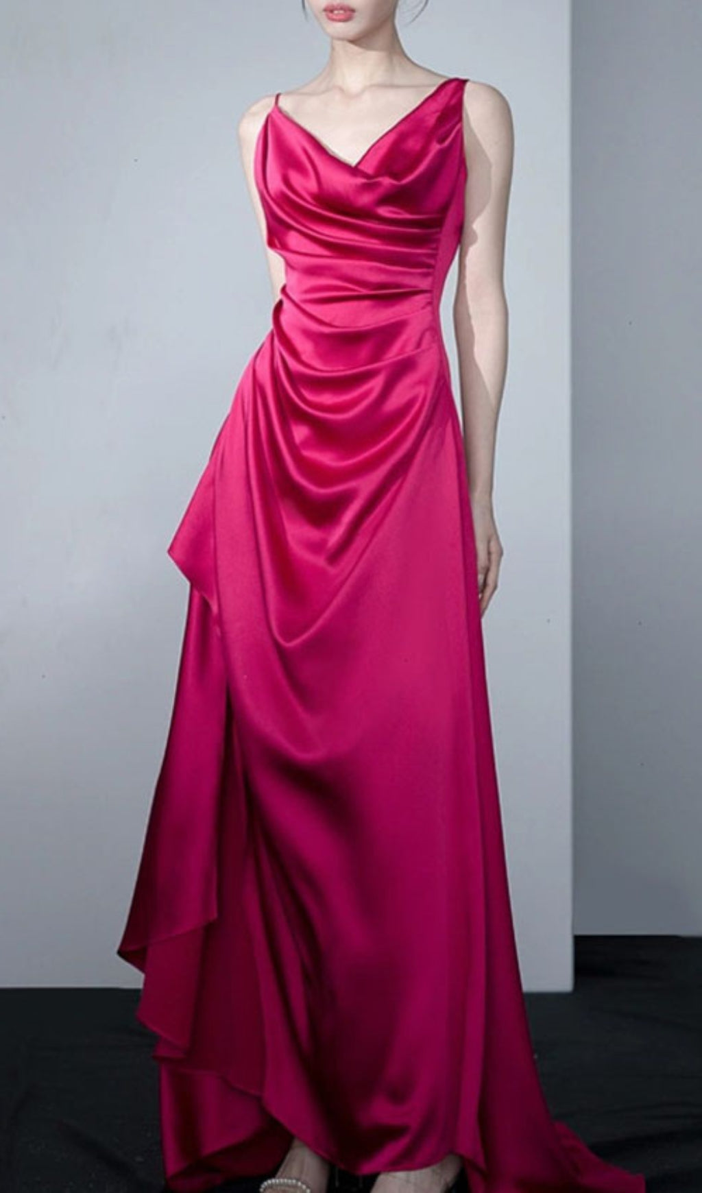 Cocheta Rose Red Ruched Satin Maxi Dress