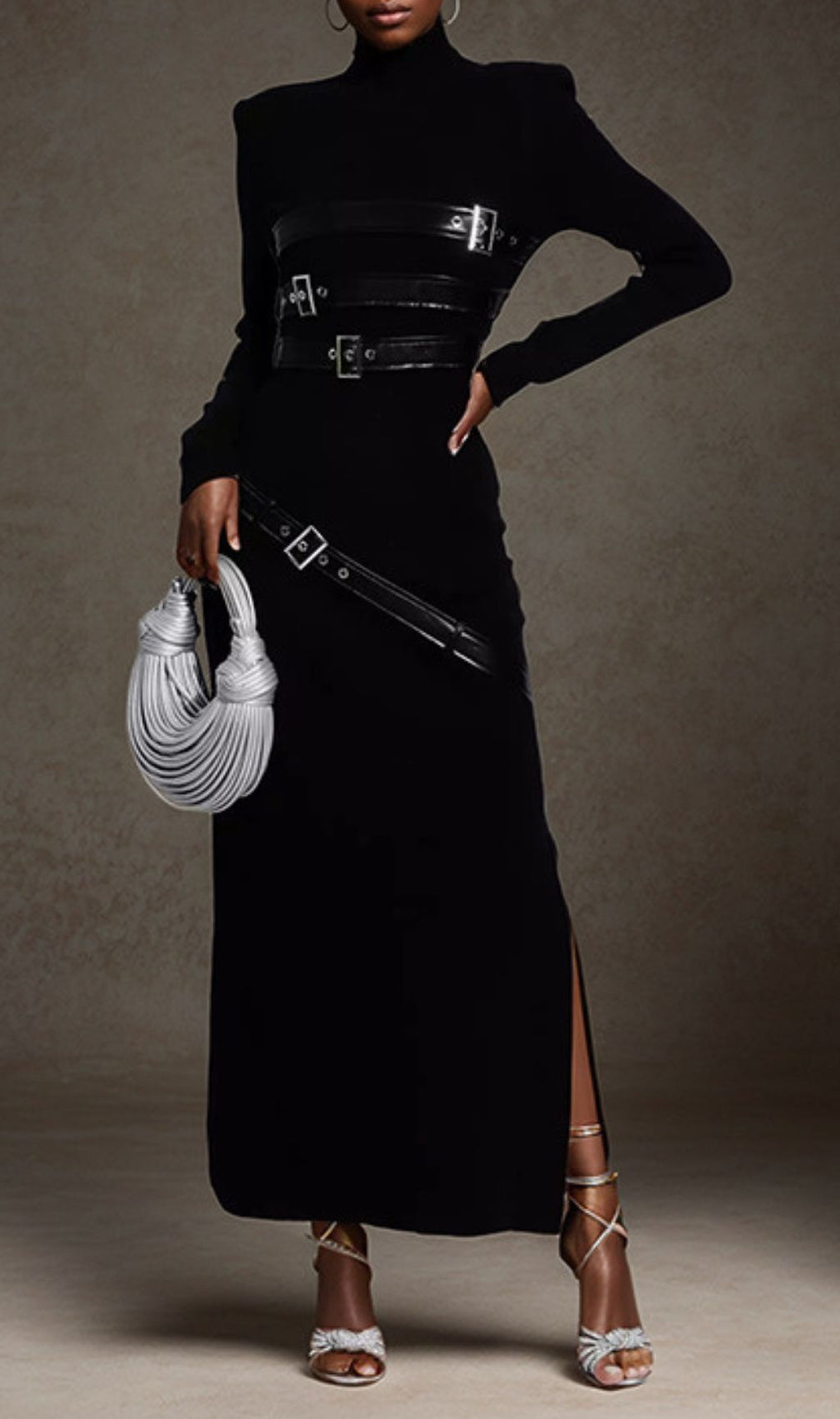 Isai Black Statement Buckle Maxi Dress - Long Sleeve Evening Gown