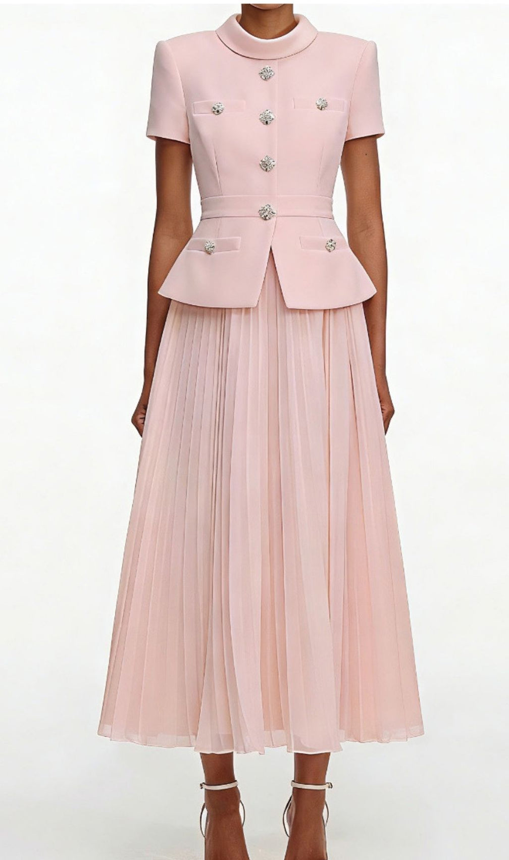 Keili Elegant Pink Pleated Two-Piece Set with Embellished Peplum Top