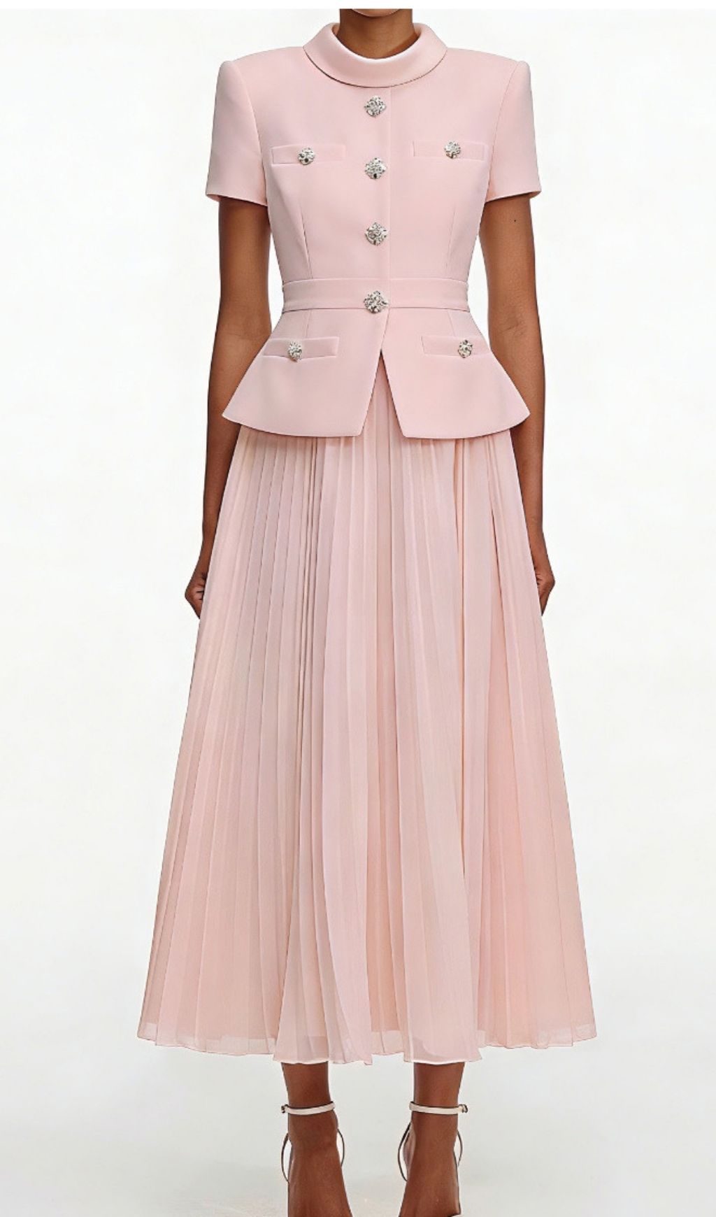Keili Elegant Pink Pleated Two-Piece Set with Embellished Peplum Top