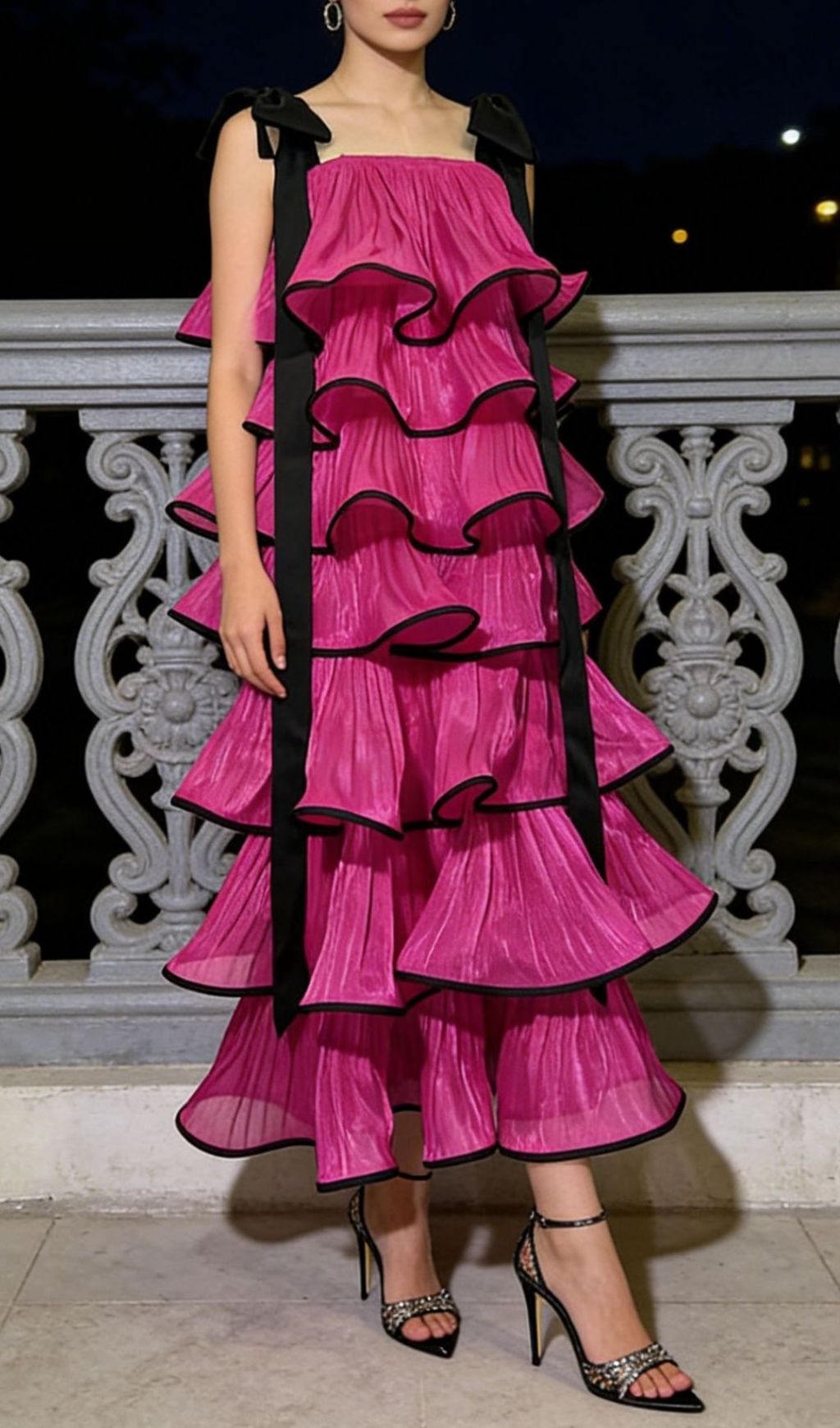 Jenneva Fuchsia Tiered Ruffle Maxi Dress - Elegant Bow Straps