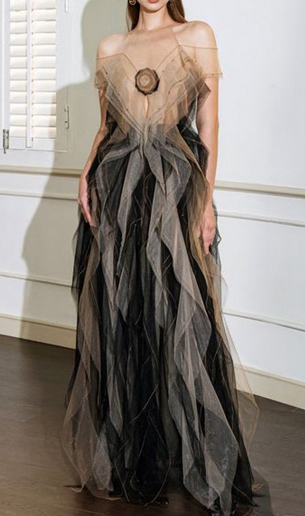 Dinos Mesh Ruffle Maxi Dress