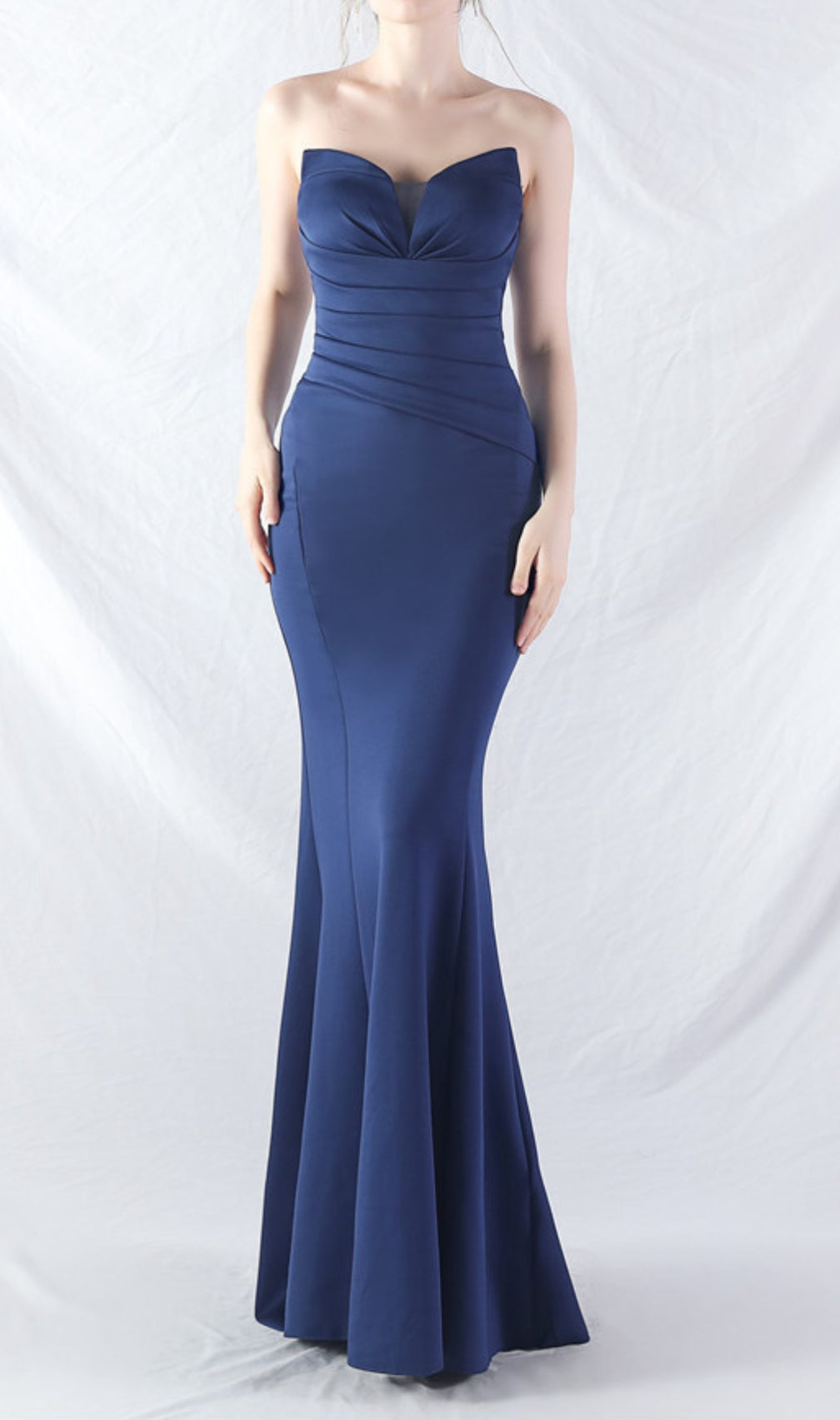 Chrina Navy Strapless Ruched Maxi Dress