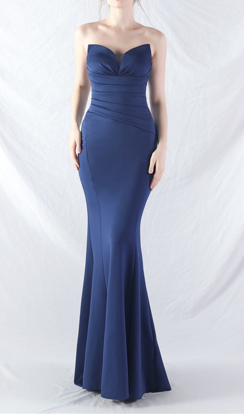 Chrina Navy Strapless Ruched Maxi Dress