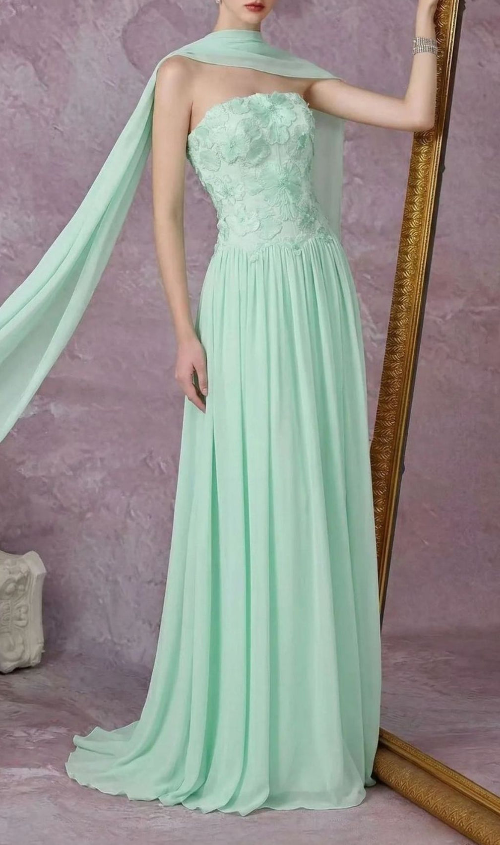 Kenley Ethereal Sage Green Strapless Floral Maxi Gown - Perfect for Weddings & Prom