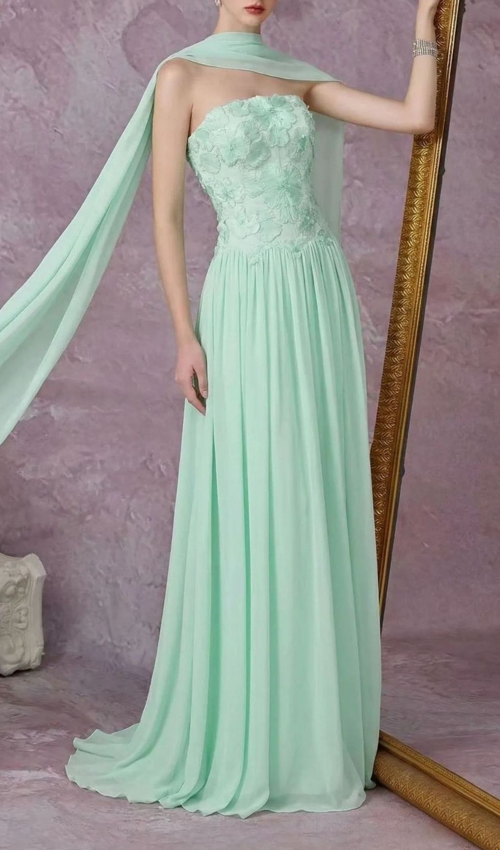 Kenley Ethereal Sage Green Strapless Floral Maxi Gown - Perfect for Weddings & Prom