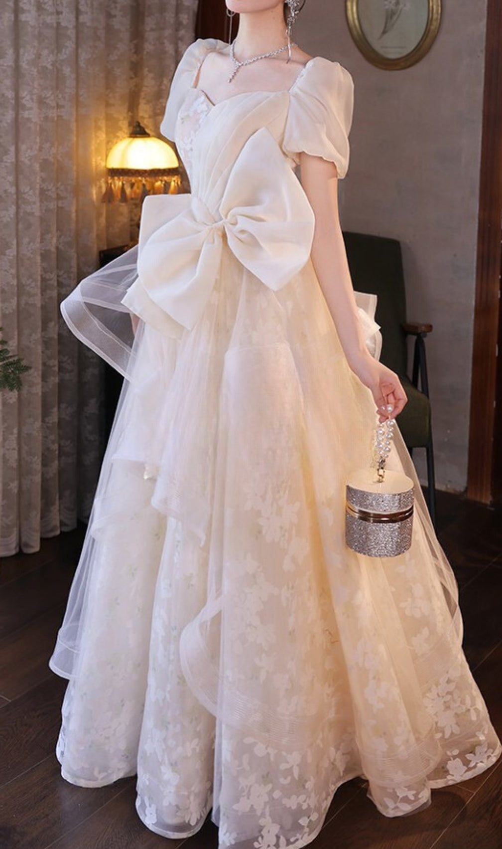 Chinue Bow Flower Mesh Maxi Dress