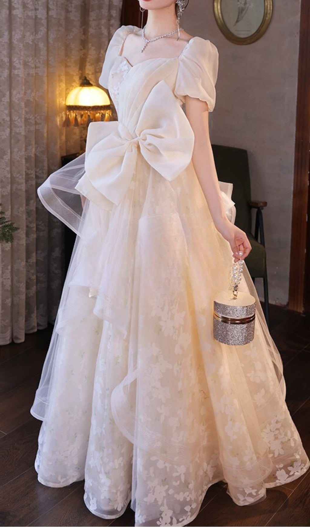 Chinue Bow Flower Mesh Maxi Dress